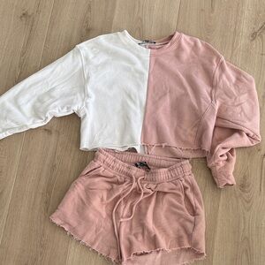 Lulu's Pink and White Cropped Sweatshirt and Shorts Set